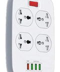 Built Tough Smart Surge Protector Power Strip With Two Meter Extension Cord Four Universal Sockets Plus Four Usb Type A Ports, white design.