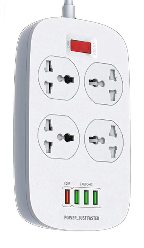 Built Tough Smart Surge Protector Power Strip With Two Meter Extension Cord Four Universal Sockets Plus Four Usb Type A Ports, white design.