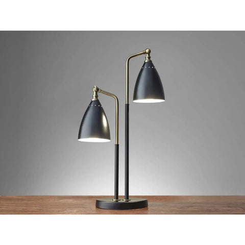 Transitional Table Lamp In Two Tone Black And Antique Brass With Adjustable Matte Black Cone Shades And Angled Arms Chelsea Collection Modern Mid Century Vibe For Living Room Or Desk