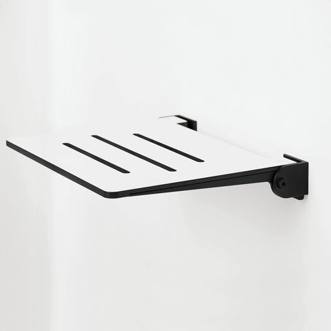 18 Inch SlimLine Folding Wall Mount Shower Bench Seat With White Phenolic Seat And Matte Black Frame, Easy Fold, wall-mounted angle