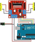 Wiring setup of Two Pack L298N Motor Driver Controller Board Dual H Bridge Module with Arduino to run motors, 5V to 35V supply.