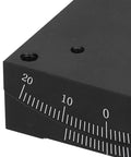Close-up of 60x60mm Linear Stage Actuator With Manual Goniometer for Precision Alignment, black anodized finish and calibration marks