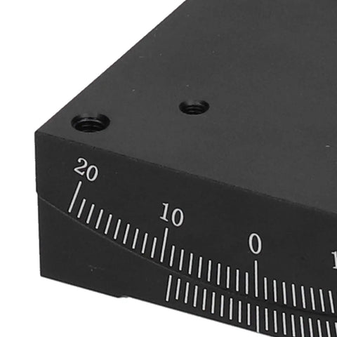 Close-up of 60x60mm Linear Stage Actuator With Manual Goniometer for Precision Alignment, black anodized finish and calibration marks