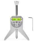 Pipe center finder punch tool with tripod base, silver finish, yellow-green level, front view