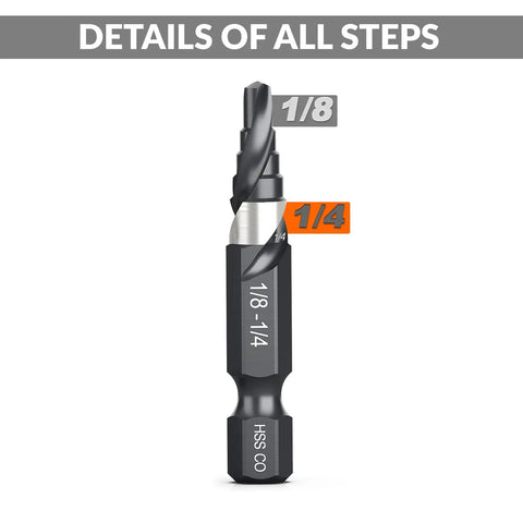 Built Tough M35 Cobalt Spiral Flute Step Drill Bit With One Quarter Inch Shank, showing detailed step markings.