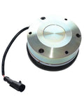Front view of silver electromagnetic brake with black mounting base and wiring connector