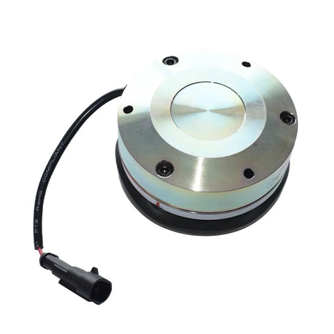 Front view of round electromagnetic brake unit for forklift with metal housing and black wiring connector.
