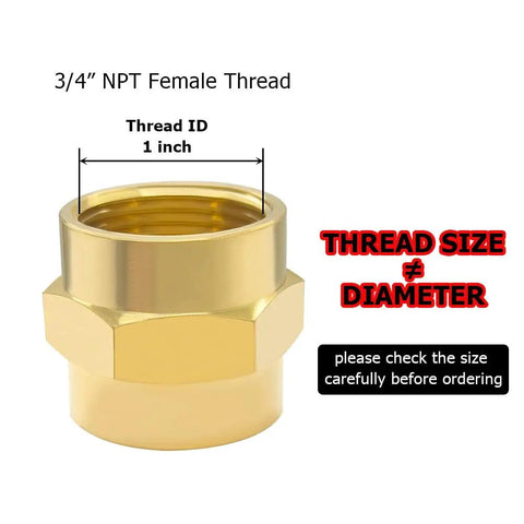 Brass Three Quarter Inch NPT Female Hex Coupler Nipples For Quick Pipe Connections, shown with thread size and measurement guide