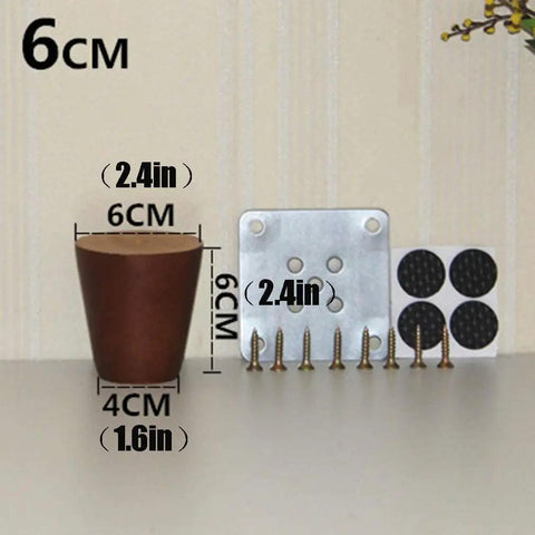 4-Piece Solid Wood Furniture Legs With Screws, Mid Century Modern Dark Walnut Conical Table Feet set with mounting plates and screws.