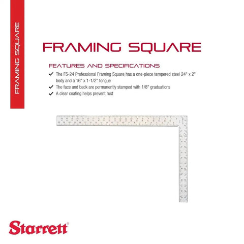 Pro Grade Framing Square With Clear Coating And Tempered Steel, One Eighth Inch Graduation, 24 By 2 Inch Body, 16 By 1 And One Half Inch Tongue, FS 24