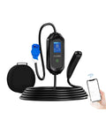 Portable EV Charger With 32 Amp Power And 3.6 Kw, compact design with display, charging cable and smartphone connection.