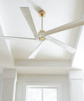 Top Tier 70 Inch 5 Blade Ceiling Fan In Matte White For Spacious Living Areas And Quiet DC Motor With Reversible Blades For All Season Comfort. Ceiling view with gold hardware.
