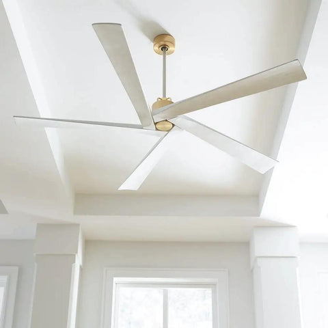Top Tier 70 Inch 5 Blade Ceiling Fan In Matte White For Spacious Living Areas And Quiet DC Motor With Reversible Blades For All Season Comfort. Ceiling view with gold hardware.