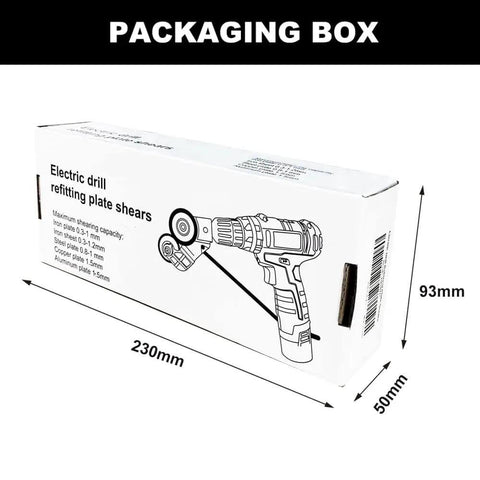 Electric Drill Plate Cutter Attachment packaging box with dimensions 230x93x50mm, shown with illustration of the tool on the front