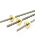 Three One Piece 304 Stainless Steel T12 Lead Screw 500mm With Brass Nut Trapezoidal Spindle Pitch 3mm Lead 3mm displayed with brass nuts