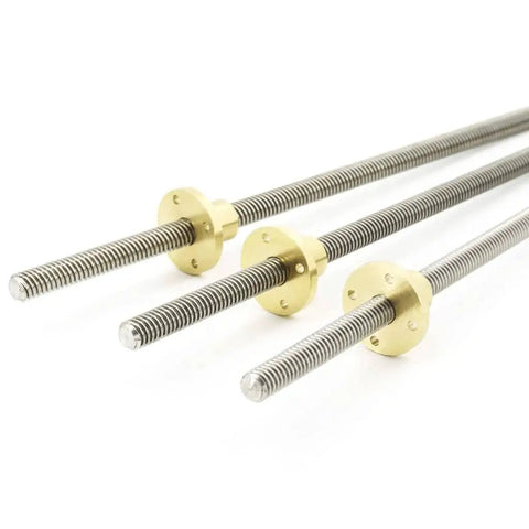 Three One Piece 304 Stainless Steel T12 Lead Screw 500mm With Brass Nut Trapezoidal Spindle Pitch 3mm Lead 3mm displayed with brass nuts