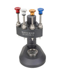 High-Precision Watch Hand Setting Tool with colorful pin pressers, four pin holders, robust base for watchmakers and horology hobbyists.