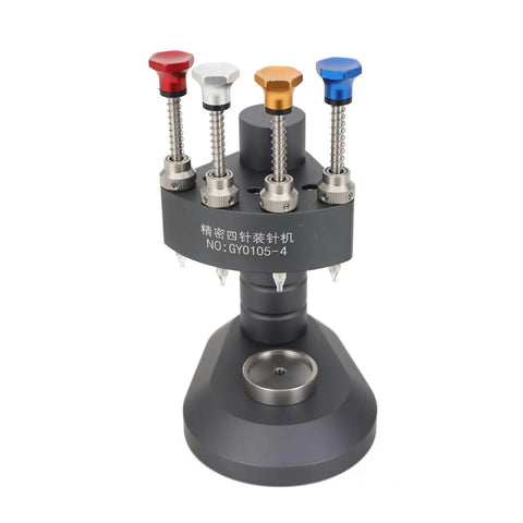 High-Precision Watch Hand Setting Tool with colorful pin pressers, four pin holders, robust base for watchmakers and horology hobbyists.