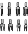 Eight pieces of high carbon steel cork drill bits from Top Shelf Eight Piece Cork Drill Bit Set for woodworking tasks.