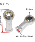 SI6T K Rod End Bearing Set, 4 Pieces, 6mm Bore, Self Lubricating M6x1 Right Hand Female Thread Heim Joint With Jam Nuts, Carbon Steel Body With White Zinc Plating, 13 Degree Angular Misalignment, 6mm bore rod ends with M6x1 right-hand thread