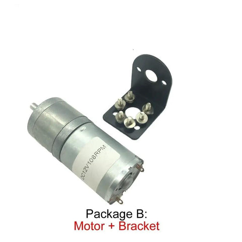 12 Volt Dc Micro Gear Motor Featuring Low Speed Reducer Box and metal bracket, ideal for hobby projects and robotic applications.
