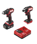 Pwr Core 20 Brushless 20V Compact Drill Driver And Impact Driver Kit with 2.0Ah Battery and PWR Jump Charger shown