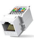 10-Pack Tool-Less Cat6 RJ45 Keystone Jacks For Fast No-Nonsense Termination, white finish, showing wire arrangement and jack opening