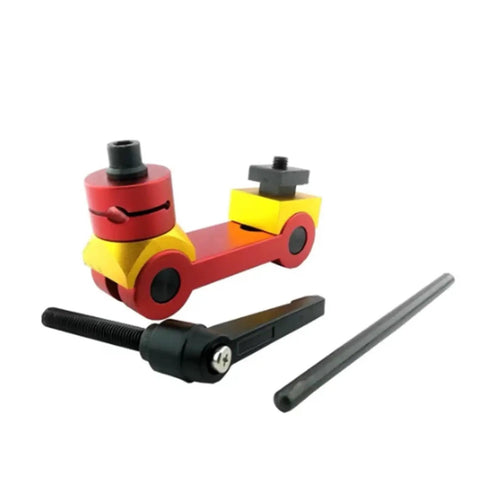 Heavy Duty Adjustable CNC Mill Work Stop Locator For Precision Workpiece Positioning, red and yellow steel construction.