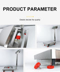 Built Tough Folding Platform Scale With Sharp Digital Readout And Plug In Rechargeable Base For Heavy Lifting At The Warehouse Or Managing Bustling Shipping Depots Up To Eight Hundred Eighty Pounds, showcasing stainless steel structure and components.