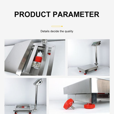 Built Tough Folding Platform Scale With Sharp Digital Readout And Plug In Rechargeable Base For Heavy Lifting At The Warehouse Or Managing Bustling Shipping Depots Up To Eight Hundred Eighty Pounds, showcasing stainless steel structure and components.