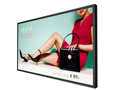 Next Level 55 Inch Outdoor LCD Display Cranked Out With Full HD Vibes, showcasing stylish bag advertisement in vibrant colors.