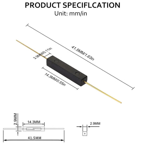 Diagram of GPS-14A Reed Switch With 14mm Plastic Housing featuring dimensions and specifications in millimeters and inches.