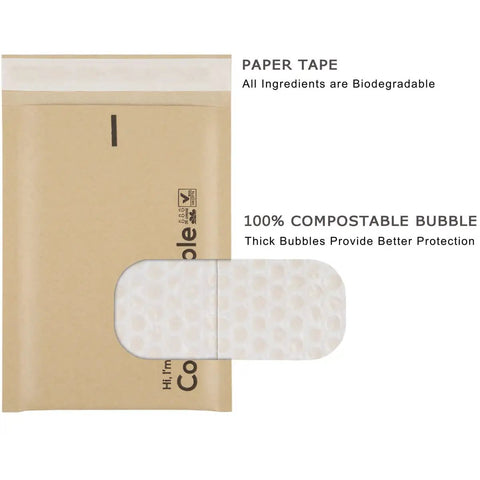 Image of 6x10 100 Percent Biodegradable Bubble Mailers 25 Count Kraft Brown Compostable Padded Envelopes Self Seal Pouches Eco Friendly Packaging for Safe Lightweight Durable Shipping and Handling showing paper tape and bubble details.