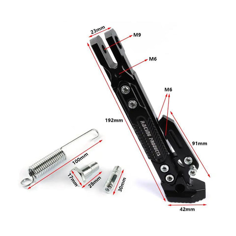 Height Adjustable CNC Aluminum Motorcycle Kickstand Side Stand For Electric Scooters Dirt Bikes And Mini Pit Bikes With Anti Slip Foot And Ride Ready Mounting, showing dimensions and components.