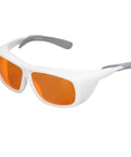 Straight Up Heavy Duty Laser Safety Glasses Broad Spectrum OD Five Plus Coverage shielding eyes with orange lenses and white frame.