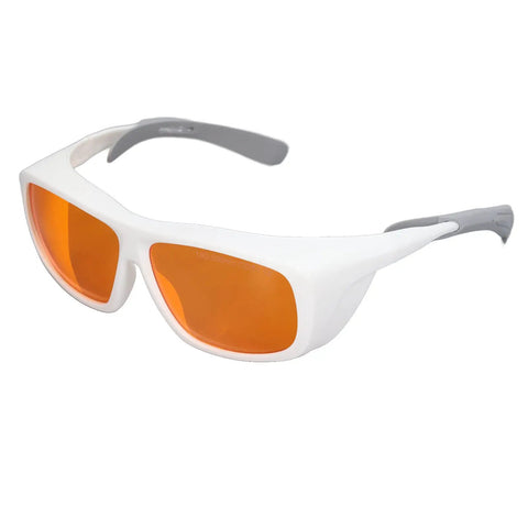 Straight Up Heavy Duty Laser Safety Glasses Broad Spectrum OD Five Plus Coverage shielding eyes with orange lenses and white frame.
