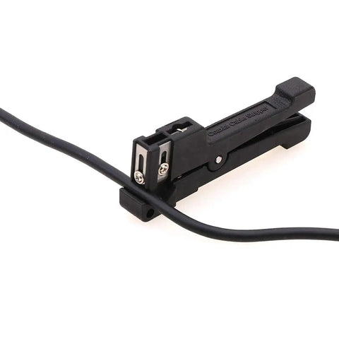 Adjustable Fiber Optic Cable Stripper For Loose Tubes And Buffer Tubes, Transverse Or Longitudinal Cut, Fits 4.8 To 7.9 Millimeters Indoor Coax Sheath, No Fuss Easy Use Hand Tool For Clean Strips in use.