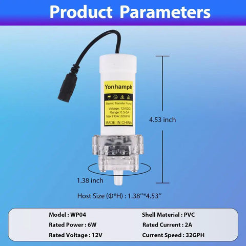Compact Electric Water Transfer Pump Comes With 110V Cord And Slick Food Grade Tubing For No Sweat Liquid Moving Adjustable Speed Controls Delivers Up To 2 Liters Per Minute with dimensions 4.53 inches by 1.38 inches.