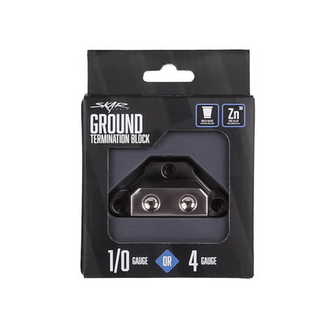 Beefy Ground Termination Block With Highly Conductive Zinc Alloy Three Mounting Points Two Five Millimeter Hex Set Screws And Two Reducers From One Zero To Four Gauge For Auto Audio System Wiring packaged front view