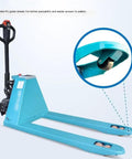 Heavy Duty Electric Pallet Jack With 3300 Lb Capacity, Lithium Powered Forklift Pump for tight spaces, showing PU guide wheels.