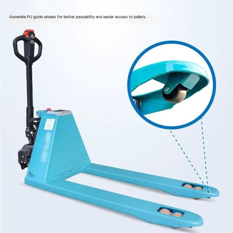 Heavy Duty Electric Pallet Jack With Lithium Powered Forks For Narrow Spaces, 3300 Lb Capacity Folding Handtruck showing PU guide wheels for better access.