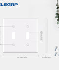 Two Gang Toggle Switch Wall Plate, Unbreakable Thermoplastic Faceplate Cover for Dimmer Switches, Glossy White, Standard Size 4.53 Inches by 4.57 Inches, UL Listed, 1 Pack with measurements and screws visible.