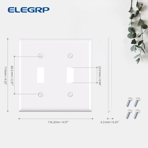 Two Gang Toggle Switch Wall Plate, Unbreakable Thermoplastic Faceplate Cover for Dimmer Switches, Glossy White, Standard Size 4.53 Inches by 4.57 Inches, UL Listed, 1 Pack with measurements and screws visible.