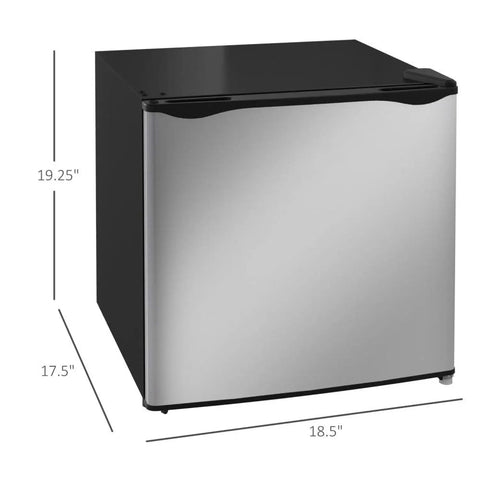 Slick Compact Upright Freezer Sweet Countertop Mini Fridge Silver 1.1 Cu Ft Storage side view with dimensions 19.25" x 18.5" x 17.5".