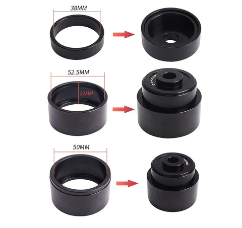 Black aluminum bicycle bearing press kit with 38mm, 50mm, 52.5mm adapters for BB73/BB86/BB30/PF30.