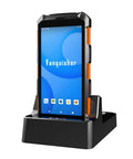 Rugged 5.5 Inch Touchscreen Handheld Barcode Scanner PDA for Warehouse on charging dock, front view. Android 13 terminal.