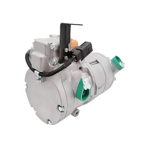 Electric AC Compressor 12V Direct Bolt On For Hyundai Kona 2022 showing silver unit with green details and connector for HVAC system.