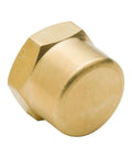 Close-up of Brass Pipe Cap Fittings 1/2 In NPT Female Hex Head for Gas Lines, Fridge and Hydraulic Systems, corrosion resistant brass.