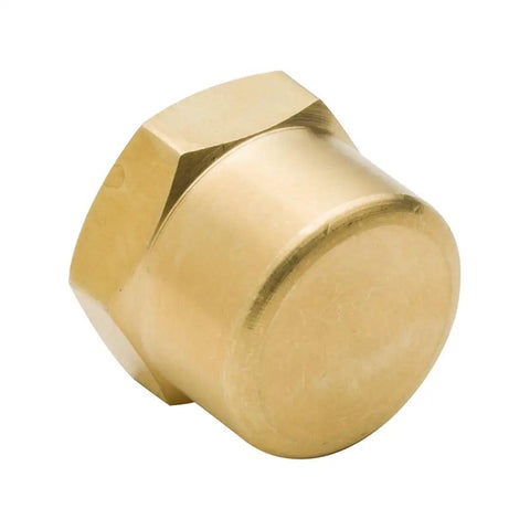 Close-up of Brass Pipe Cap Fittings 1/2 In NPT Female Hex Head for Gas Lines, Fridge and Hydraulic Systems, corrosion resistant brass.