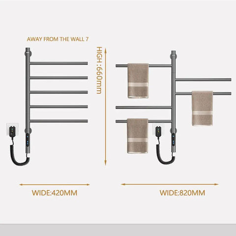 180 Degree Swivel Stainless Steel Towel Warmer Rack With One Hour To Twenty Four Hour Timer Wall Mounted Plug In Five Bars Gray Finish